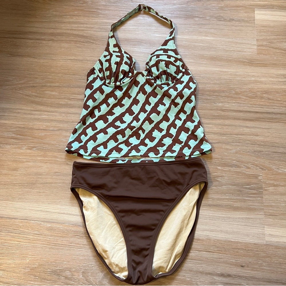 Victoria’s Secret Y2K Tankini Set Brown Mint Print 34A M Vintage 2000s EUC swim